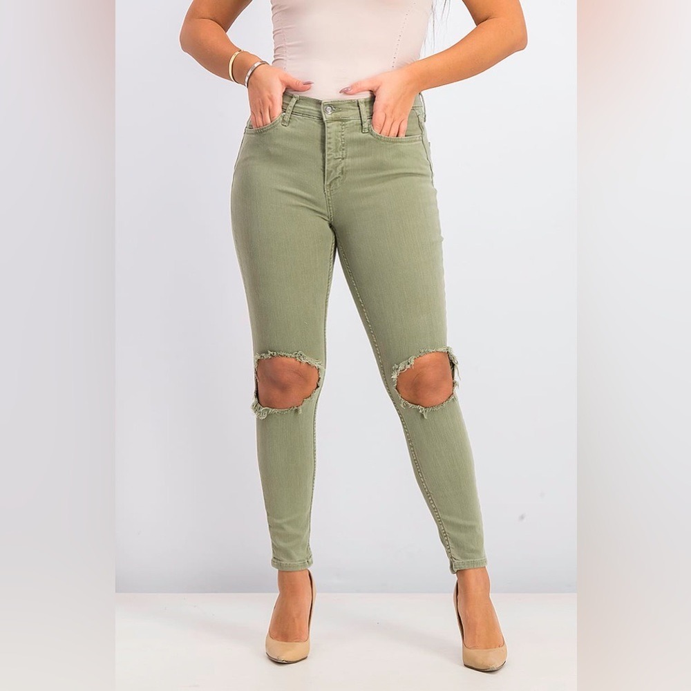 Free People Moss Green busted knee High Rise Skinny Jeans OB583769 Size‎ 25 NWT